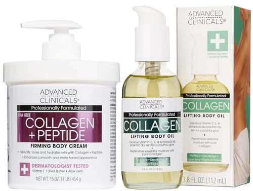 Collagen Peptides Firming Body Lotion Face Cream + Collagen Body Oil Moisturizer 2PC Skin Care Set For Women & Men (Collagen Peptides Cream + Body Oil Set / 2 Piece Set)