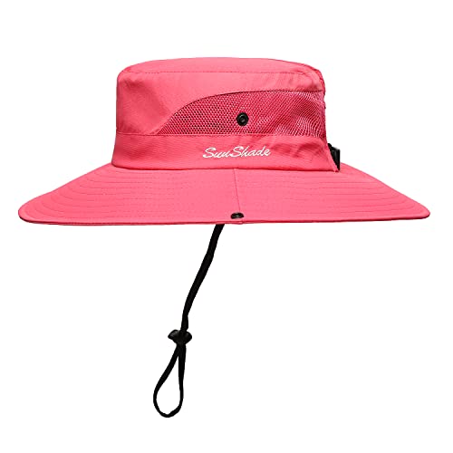 Womens Summer Sun Hat Beach Hat Wide Brim Outdoor UV Protection Hat Foldable Cool Mesh Ponytail Bucket Hat (6-7 / Watermelon Red))