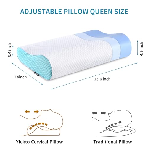 Memory Foam Pillows Neck Pillow Bed Pillow for Sleeping Ergonomic Cervical Contour Pillow for Side Back Stomach Sleeper for Neck and Shoulder Pain (White / Queen(23.6*14*4.9inches))