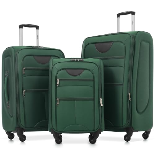 Softside Luggage Set Softshell Lightweight 3 Piece Spinner Suitcase (Softside Luggage(22/26/30) / Dark Green)