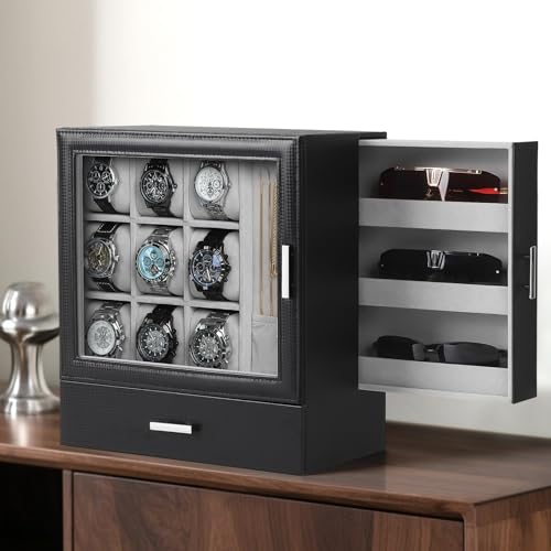 9 Slot Watch Box for Men (Black + Gray / 9-slot watch display box)