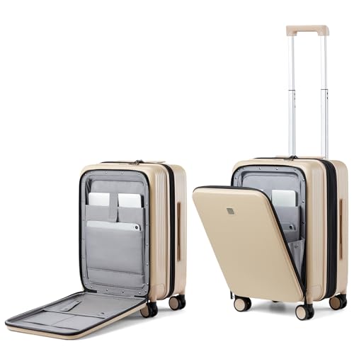 Grace Carry On Luggage with Wheels Airline Approved Hard Shell Suitcases with Front Pocket (Cuban Sand / 20 Inch-2)