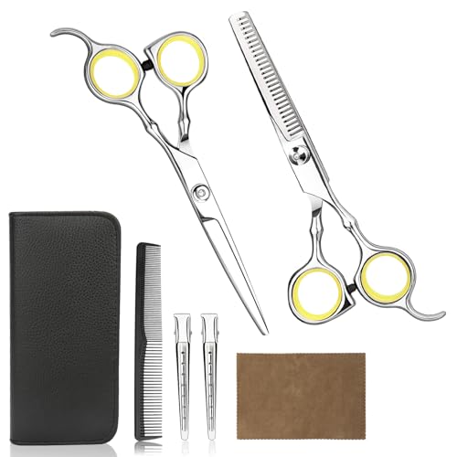 Hair Cutting Scissors Professional Home Haircutting Barber Salon Thinning Shears Kit with Comb and Case for Men (Yellow)