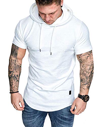 Mens Fashion Hoodies Sport Pullover Solid Color Shirt Workout Lightweight Tops White Large (Large / White1)