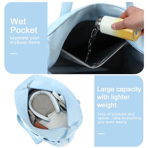 Waterproof Beach Tote Pool Bags for Women Ladies Extra Large Tote Bag Carryall Bag With Wet Compartment Fit 40oz Tumbler Holder Gym Travel Bag for Cruise (New Blue)