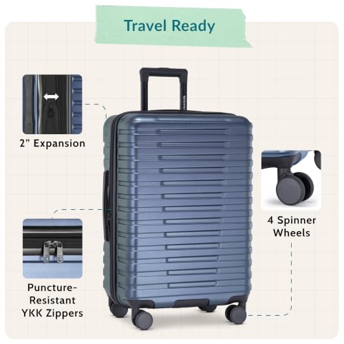 Boren Expandable Hardside Rugged Travel Luggage with 8 Spinner Wheels (Checked-Medium 26-Inch, No USB Port / Slate Blue)