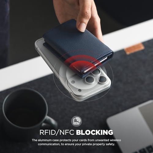 Pop up Card Wallet Minimalist Cash Wallets RFID Blocking Leather Smart Credit Card Holder with ID window for Men (Top-Grain Cowhide Litchi Navy)