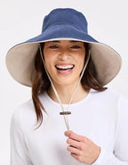 Women's Ultra Wide Cotton Linen Hat UPF 50+ (Large-X-Large / Navy / Beige)