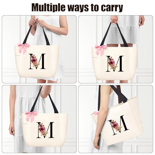 Tote Bag, A-Z Initial Monogrammed Waterproof Tote Bag, Bridesmaid Gifts for Women, Black and Pink (M, Beige) (Beige)