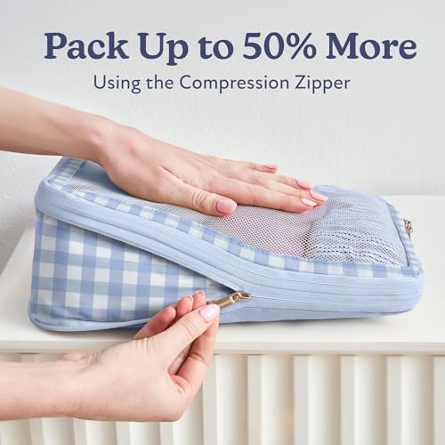Space Saving Compression Packing Cubes for Women 4 (1. Blue Gingham / 4 Pack (Compression))