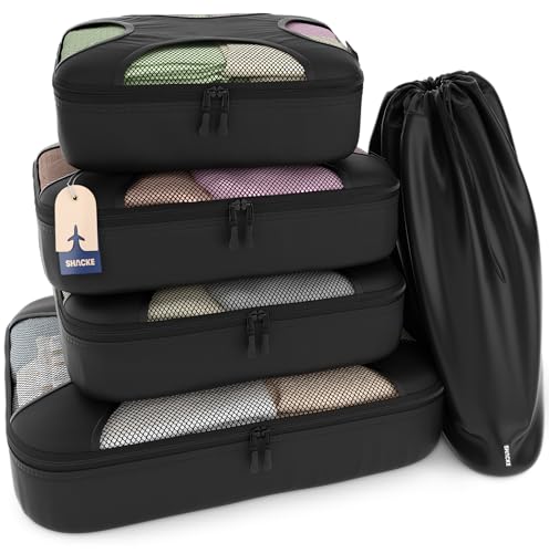 5 Set Packing Cubes for Travel with Laundry Bag (5 Set - Pure Black / Set of 5)