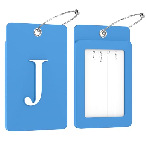 2 Pack Initial Luggage Tags for Suitcases Airplane Travel Essentials (Large J / Blue)