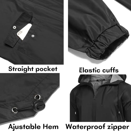 Men's Packable Rain Jacket Outdoor Waterproof Hooded Lightweight Classic Cycling Raincoat (Black / X-Large)