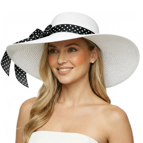 Wide Brim Sun Hat for Women Floppy Straw Hat Summer Beach Hats Fashionable Trendy Hats Sun Protection UPF 50+ (1 Pack: White With Black Polka Dot Band, 4.7" Brim)