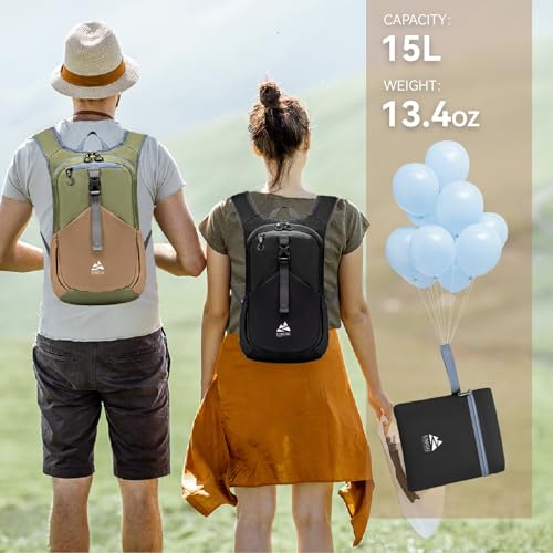 15L Small Hiking Backpack for Men Women Lightweight Packable Backpack Foldable Casual Daypack for Camping Travel Outdoor (Black)