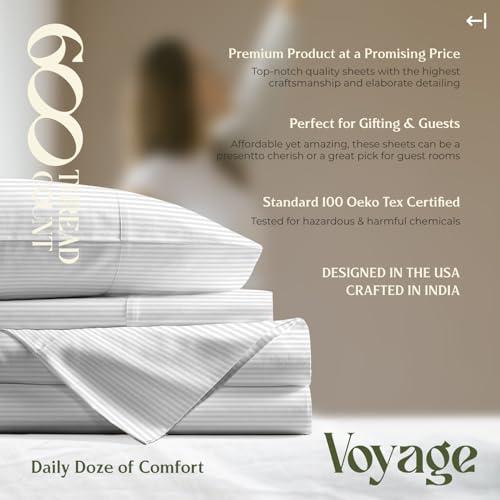 100% Egyptian Cotton Queen Size Sheets Set (Queen / 26 - Striped White)