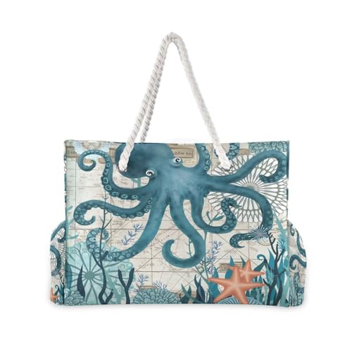 Large Beach Bags Totes Canvas Tote Shoulder Bag Soft Wave Water Resistant Bags for Gym Travel Daily Ocean (Ocean Octopus Vintage)
