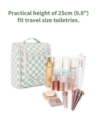 Hanging Travel Toiletry Bag for Women (C-Mint Green Checkerboard / Medium)
