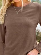 Long Sleeve Shirts for Women Casual Crewneck Tops Basic Tees (Large / 01brown)