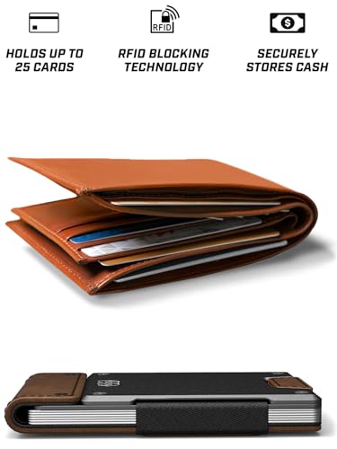 Slim Minimalist Wallets for Men (Legacy (Full Grain Brown Leather | Satin Gun Metal))