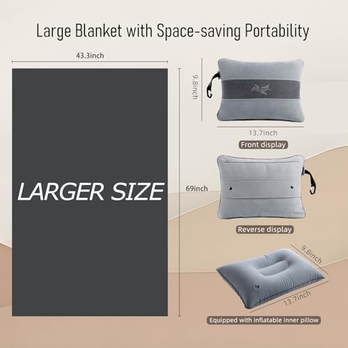 Large Soft Travel Blanket and Inflatable Pillow Set (Gray)
