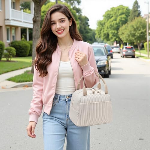 Lunch Bag for Women Men Cute Corduroy Lunch Tote Bags Reusable Insulated Lunch Box Large Capacity Reusable Insulated Cooler for Work Picnic or Travel (Corduroy Khaki-white stripes / 10L)