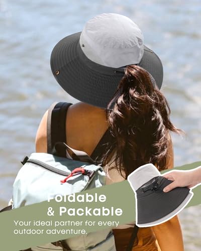Womens Sun Hat with Ponytail Hole Beach Hiking Summer Wide Brim UPF 50+ Outdoor Protection Foldable Bucket Hat Grey (Grey)