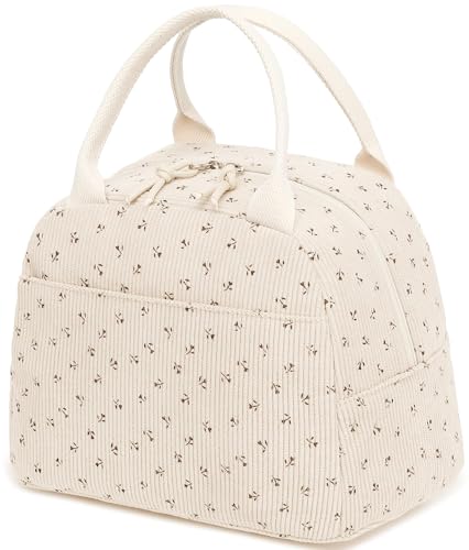 Lunch Bag for Women Men Cute Corduroy Lunch Tote Bags Reusable Insulated Lunch Box Large Capacity Reusable Insulated Cooler for Work Picnic or Travel (Red Flower Beige / 10L)