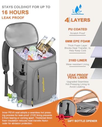 Cooler Backpack Insulated Leak Proof for Women Men Soft Cooler Bag (36 Cans / Leather Gray With Yellow)