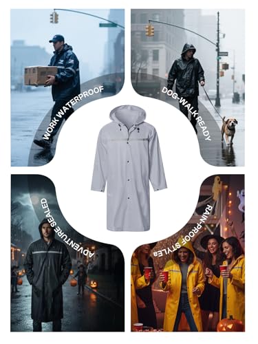 Mens Long Hooded Safety Rain Jacket Waterproof Emergency Raincoat Poncho (Medium / Grey)