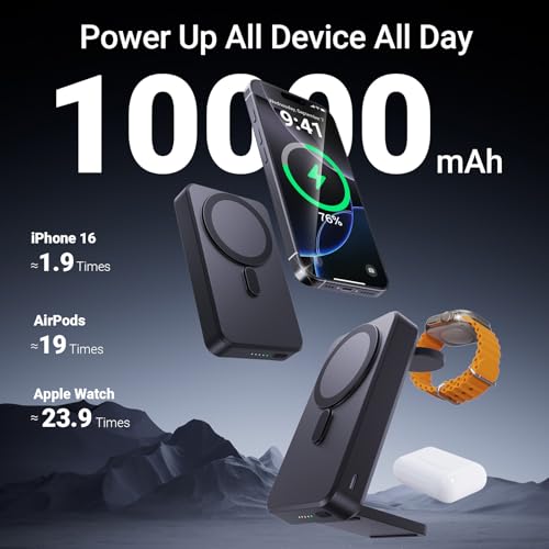 5-in-1 Portable Charger,10000mAh Foldable Power Bank Fast Charging,MagSafe Charger Battery Pack Magnetic,Travel Wireless Charging Station for iPhone 17/16/15/14/13/12,iWatch,Air pods, Black (Black)