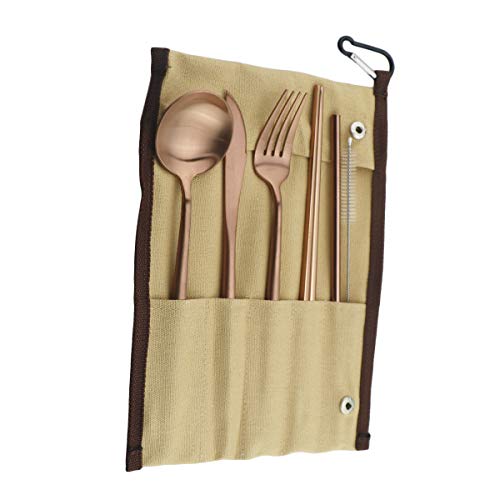 Reusable Travel Utensils (Khaki Pouch / Rose Gold)