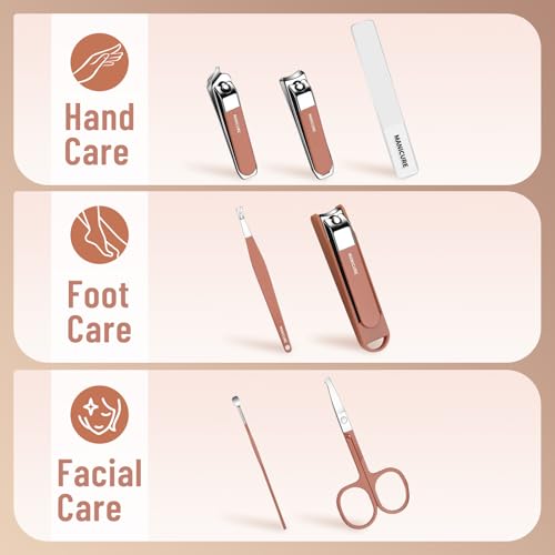 Nail Clippers Set for Men and Women 7 Pieces Stainless Steel Grooming Kits (Brown)