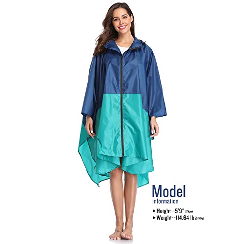 Adult Rain Poncho Waterproof Hooded Zipper Raincoat with Pockets (One Size / Green-blue)