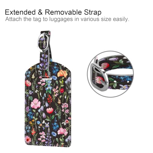 2 Pack Luggage Tags Leather Name ID Labels with Privacy Cover (Black Floral)