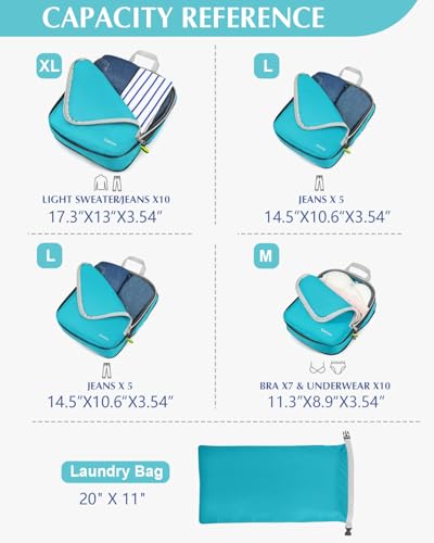 5 Piece Compression Packing Cubes with Laundry Bag (5-Blue / 5 Set)