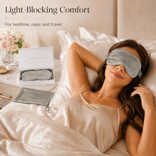 Silk Sleep Mask Light Blocking Luxury 100% Mulberry 19mm Silk Eye Mask Eye Cover Blindfold Ultra Soft Light & Comfy Anti Aging Skin Care with Travel Bag Gift Package (N-gray)