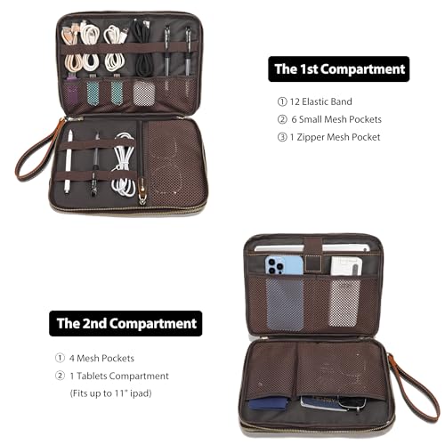 Full Grain Leather Travel Cable Accessories Bag (Brown)