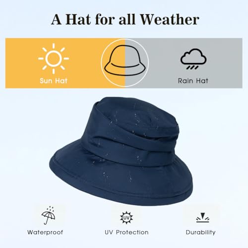 Women's Waterproof UPF 50+ Wide Brim Packable Rain Hat (737_navy / X-Large)