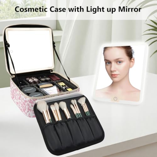 Travel Makeup Bag with LED Mirror Toiletry Bag for women with 3 Lighted Settings (Red Flower / With LED Mirror Only)