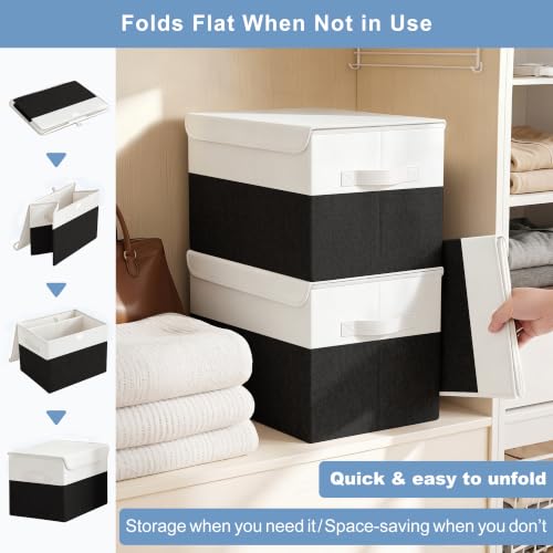 Large 17" 42 Quarts Collapsible Stackable Storage Bins with Lids [3 (Black & White / Large - 3 Pack)