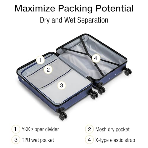 Carry On Luggage 22x14x9 Airline Approved Hardshell Carry On Suitcases with Wheels Travel Rolling 20 Inch Luggage with Cup Holder for Women Men (Navy / Carry-On 22-Inch（non-expandable）)