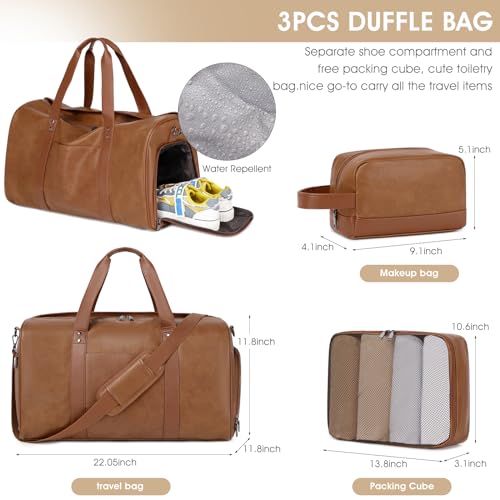 3PCS Faux Leather Weekender Bag for Women Men Travel Bag Overnight Bags (Light Brown)
