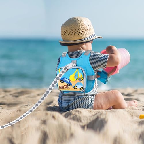 Toddler Harness Leash + Reflective Anti Lost Wrist Link (Sky Blue/Car & Excavator)