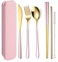 6 Pieces 18 8 Stainless Steel Flatware Set Portable Reusable Cutlery Set Travel Utensils Set Including Chopsticks Knife Fork Spoon Straws Cleaning Brush Dishwasher Safe (Pink golden)