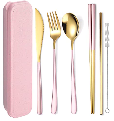 6 Pieces 18 8 Stainless Steel Flatware Set Portable Reusable Cutlery Set Travel Utensils Set Including Chopsticks Knife Fork Spoon Straws Cleaning Brush Dishwasher Safe (Pink golden)