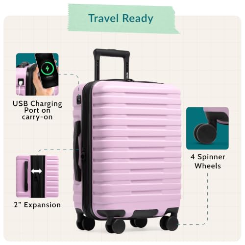 Boren Expandable Hardside Rugged Travel Luggage with 8 Spinner Wheels (3-Piece Set, USB Port in Carry-On / Lavender)