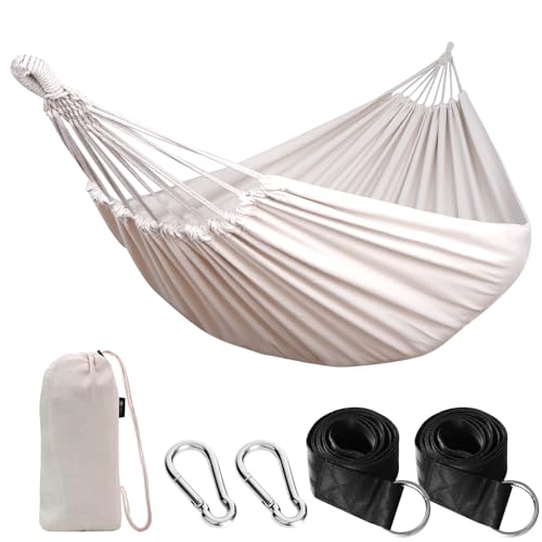 Cotton Camping Hammock Portable with Tree Straps Holds 660lbs (White)
