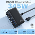345W USB C Charger 10 in 1 Retractable Wall Charger with 2 Cables (Black / 345W)