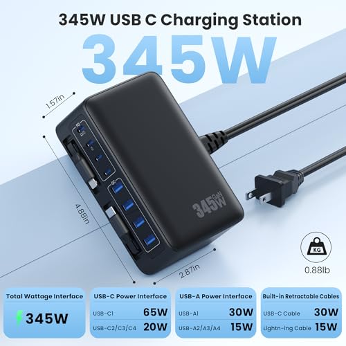 345W USB C Charger 10 in 1 Retractable Wall Charger with 2 Cables (Black / 345W)
